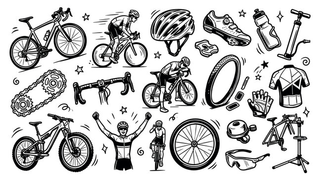 Various hand-drawn cycling elements and cyclists are depicted in a dynamic black and white doodle style on a clean white background