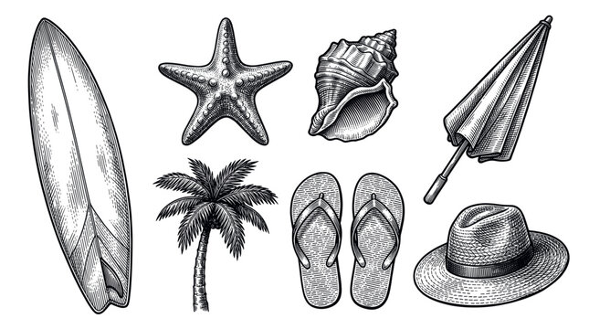 Various hand-drawn summer beach objects including a surfboard, starfish, seashell, palm tree, flip-flops, umbrella, and hat in a vintage engraving style
