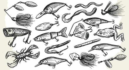 Fototapeta premium Comprehensive collection of various fishing lures and baits, hand-drawn in black ink on a light beige background, showcasing different styles and shapes for angling