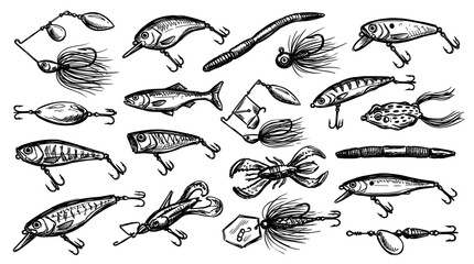 Fototapeta premium Collection of various hand-drawn fishing lures and baits in black ink on a clean white background, showcasing different styles