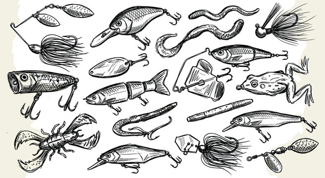 Comprehensive collection of various fishing lures and baits, hand-drawn in black ink on a light beige background, showcasing different styles and shapes for angling