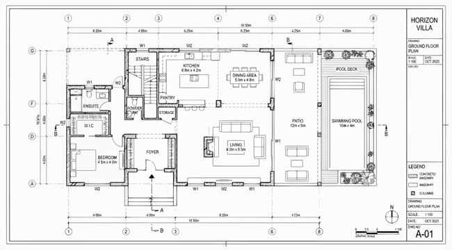 Ground floor plan of a modern villa with pool and garden