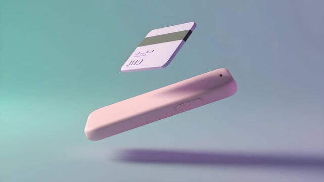 3D animation of a floating pastel mobile phone and credit card representing wireless digital payment and online banking