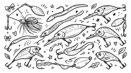 Fototapeta premium Various hand-drawn fishing lures, hooks, and worms are scattered across a white background in a playful doodle style