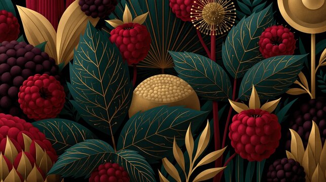 Luxury seamless pattern with red raspberries, purple blackberries, green leaves with golden lines on dark background, elegant botanical decor