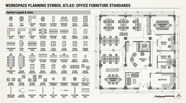 Workspace planning symbol atlas showing office furniture standards and layout example