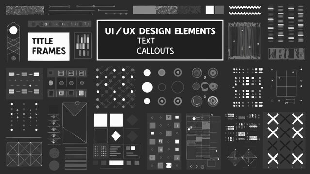 Collection of ui ux design elements text callouts and geometric shapes on a dark background application app interface