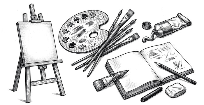 Various artist's tools, including an easel with canvas, paintbrushes, palette, and sketchbook, rendered in a vintage woodcut style on a white background