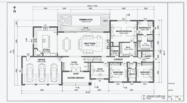Architectural floor plan of a modern residential house with a threecar garage and swimming pool