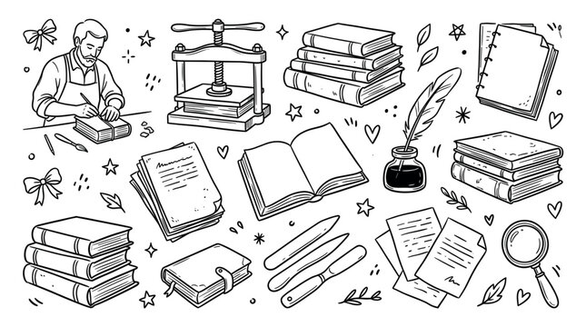 Various hand-drawn bookbinding and writing elements, including a man working, stacks of books, and tools, on a clean white background