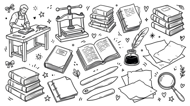 Hand-drawn black and white illustration set depicting various bookbinding and writing tools, including a craftsman, books, and paper, on a clean white background