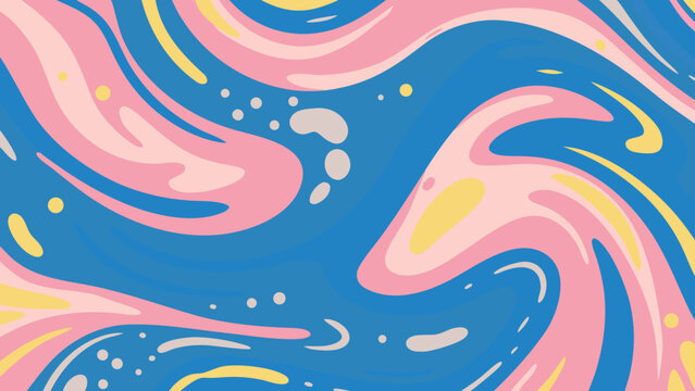 Colorful swirling pattern illustration with blue pink and yellow organic shapes and rounded forms abstract art acrylic paint