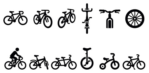 Obraz premium Various black bicycle icons and symbols are neatly arranged on a clean white background, showcasing different styles and perspectives