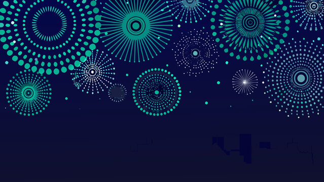 Fireworks display vector illustration with radial bursts in shades of teal and navy blue celebration firework pyrotechnics festive