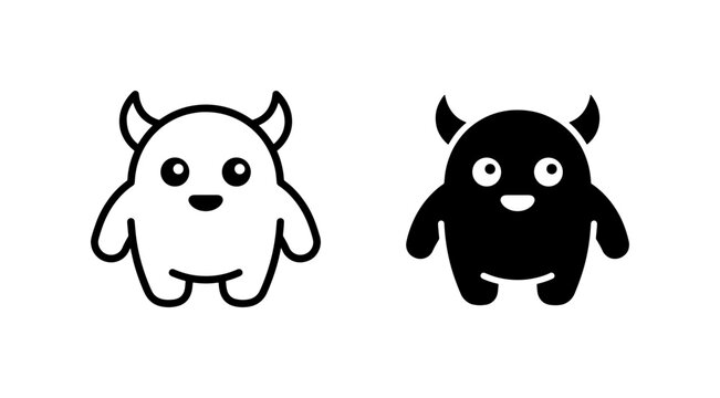 Cute Monster Icons, Black and White Vector Art, Simple Cartoon Character Designs, Playful Devil Symbols