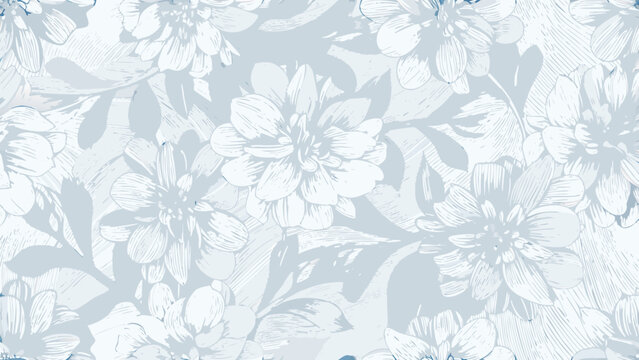 Floral ornament in light blue a seamless repeating pattern of stylized dahlia flowers and foliage dahlias flower blossom