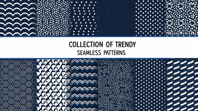 Collection of trendy seamless patterns featuring geometric and organic motifs in shades of navy and white abstract arrangement