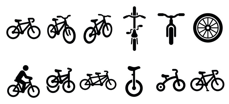 Collection of various black bicycle icons and symbols, including a tandem bike, tricycle, and unicycle, on a clean white background