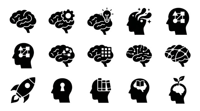Black pixel art icons of human heads and brains isolated on transparent background