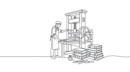Obraz premium Male printer operates an antique printing press, creating books in a continuous line art style on a clean white background