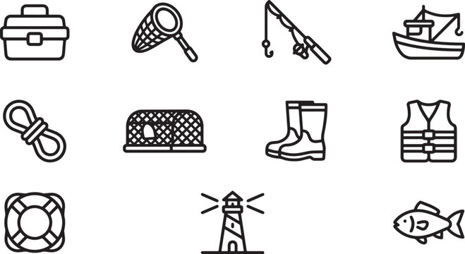 Commercial fishing and marine equipment outline icons set