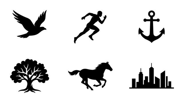 Silhouette Icons: Bird, Runner, Anchor, Tree, Horse, Cityscape Vector Set
