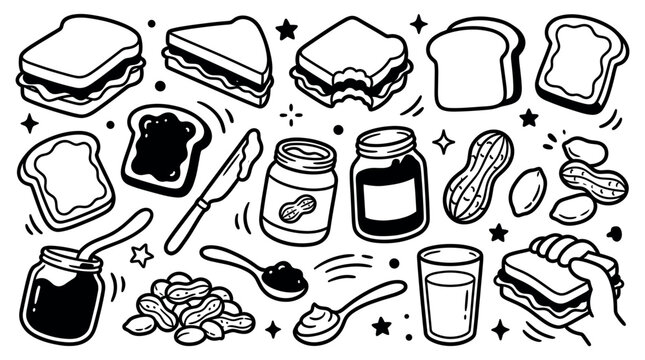 Collection of hand-drawn peanut butter and jelly elements, including sandwiches, jars, bread, and peanuts, on a clean white background
