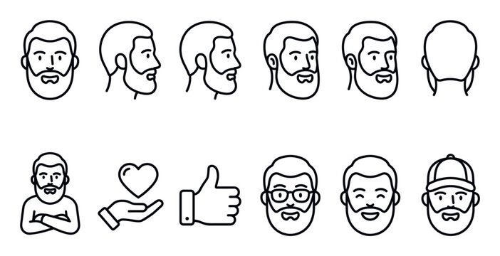 Various simple black outline icons depicting bearded men's faces from different angles and expressions, alongside related gestures on a clean white background