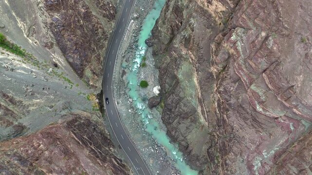 Himalayan Indus River Side Roads & Moving Black Car | Stunning Ladakh Landscape in 4K Cinematic Drone Aerial Views