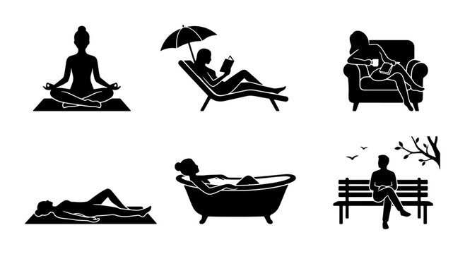 Relaxation Icons: Yoga, Reading, Bath, Lounge, Bench, Rest, Vector Set