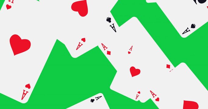 Falling Four Aces Playing Poker Card. Playing cards with symbols of diamonds, clubs, hearts, spades on green screen. Design for casino, game design. 4k seamless loop on chroma key background