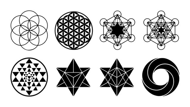 Sacred Geometry Symbols Set, Metatron's Cube, Flower of Life, Sri Yantra, Vector Icons