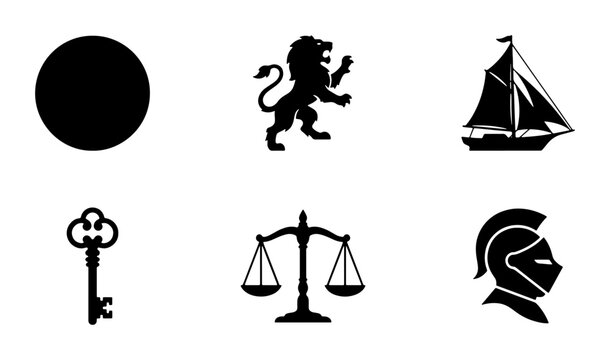 Classic Silhouette Icons: Lion, Ship, Key, Scales, Knight, Circle, Vector Set