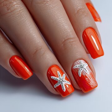 Vibrant Summer Beach Manicure with Bright Orange Gel Polish and 3D Textured White Starfish Accent Nail Art on Short Squoval Fingernails