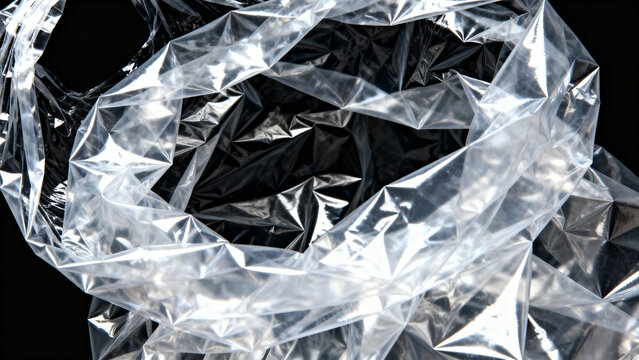 Crumpled clear plastic bag polyethylene packaging texture overlay on black.