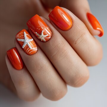 Vibrant Summer Beach Manicure with Bright Orange Gel Polish and 3D Textured White Starfish Accent Nail Art with White Swirl Lines on Short Squoval Fingernails