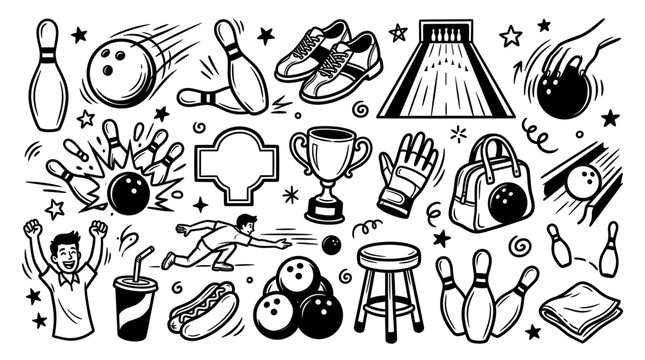 Various black and white bowling game elements are scattered across a clean white background, creating a dynamic and fun pattern