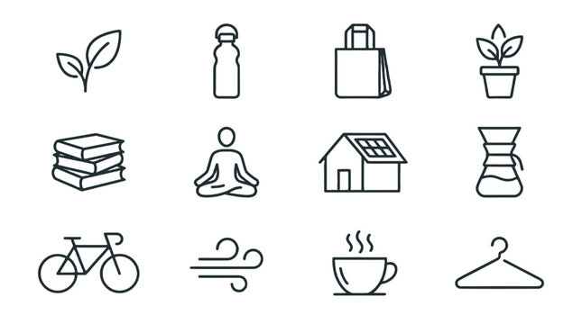Minimalist lifestyle thin line icon set with eco home objects