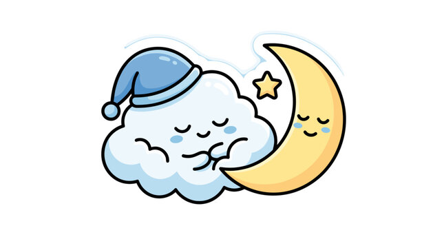 Cute sleeping cloud and crescent moon cartoon vector