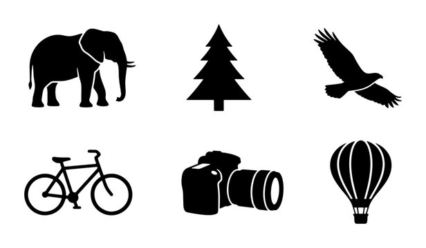 Black Silhouette Icons: Elephant, Tree, Eagle, Bicycle, Camera, Hot Air Balloon