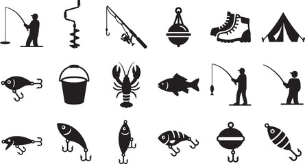 Ice fishing and winter camping silhouettes icon set © Open Expression