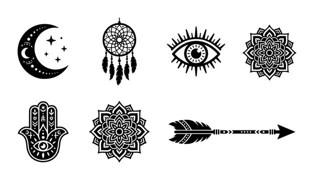 Bohemian Symbols Vector Set: Moon, Dreamcatcher, Evil Eye, Mandala, Hamsa, Arrow