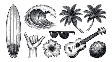 Obraz premium Various hand-drawn black and white summer beach and surf themed objects are arranged on a clean white background