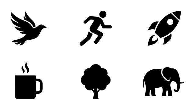 Diverse Icon Set: Bird, Runner, Rocket, Coffee, Tree, Elephant, Vector Graphics