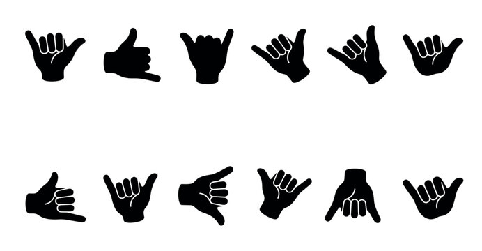 Collection of black shaka hand gestures and call me signs, presented as simple vector icons on a clean white background