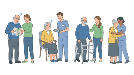 Obraz premium Set of elderly people with caregivers and cognitive challenges