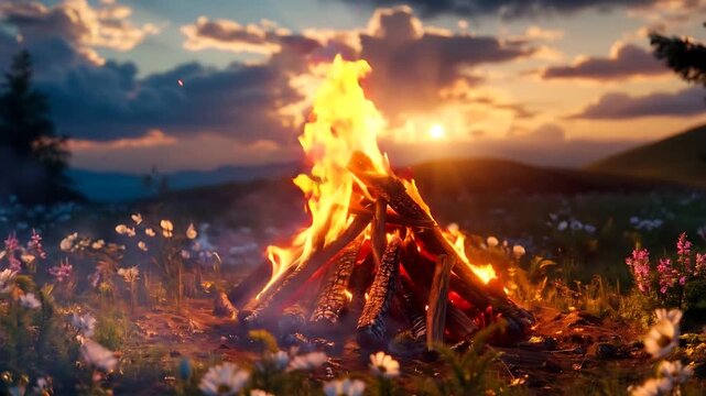 Campfire flames against a sunsetlit meadow with wildflowers, suitable for outdoor, nature, camping, and recreational lifestyle designs.