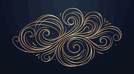 Decorative golden swirl cloud ornament on dark blue background, elegant floral filigree design with glowing curves © Saharia