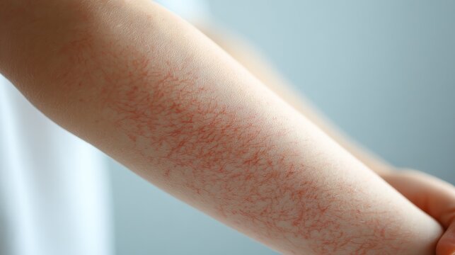 Arm skin with red rash and transparent