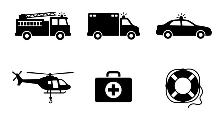 Emergency Service Icons: Fire Truck, Ambulance, Police Car, Helicopter, First Aid Kit, Lifebuoy © Rubina